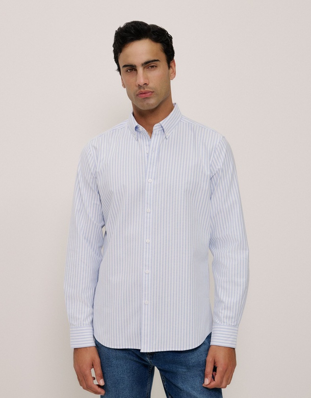 Trenery - Regular Fit Wide Stripe Oxford Shirt in Blue Marble