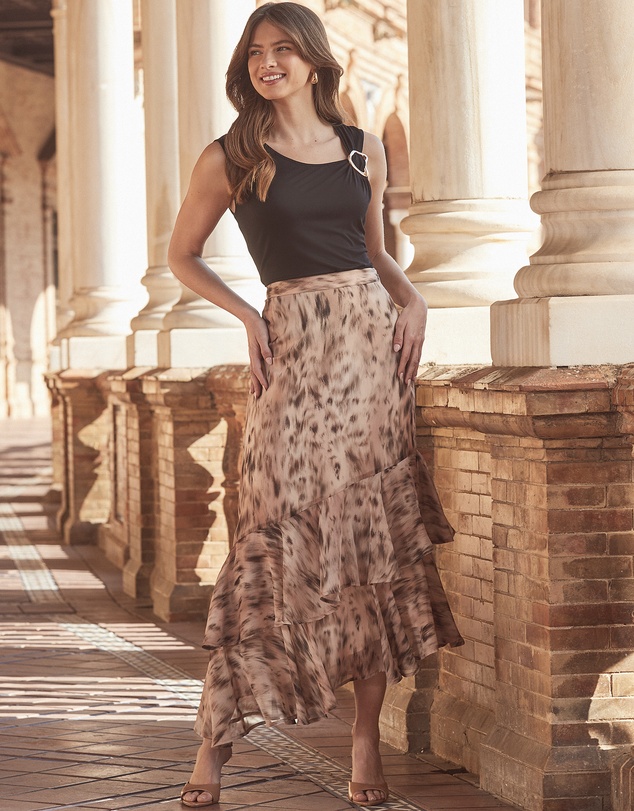 Sosandar - Animal Print Ruffle Hem Midi Skirt