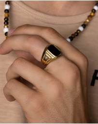 Nialaya Jewellery - Men's Oblong Gold Plated Signet Ring With Onyx