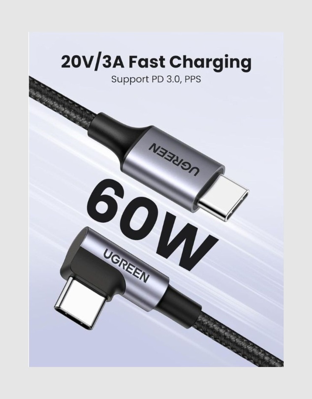 Ugreen - UGREEN 90 Degree Angle USB-C Male to USB-C Male 60W Braided Cable 3m