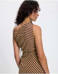 TOPSHOP - Topshop Ruched Side Gathered Shoulder Midi Dress In Brown Lime Stripe