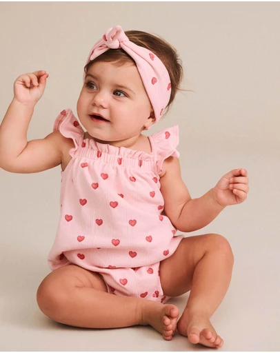 Huxbaby - I Heart You Pointelle Bubble Romper And Headband - Babies