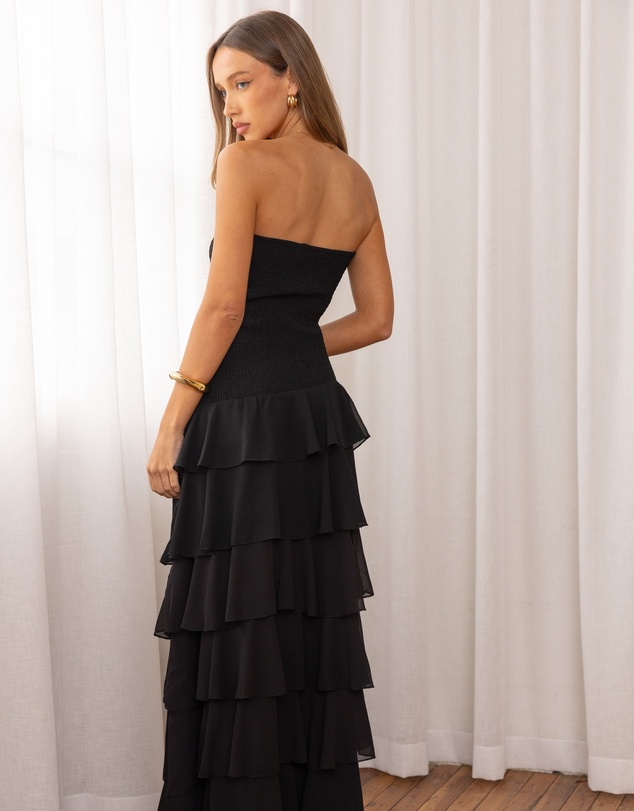 Beginning Boutique - Riles Black Strapless Ruffle Maxi Dress