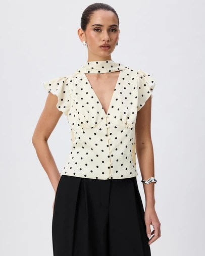 Tussah - Athena Polka Dot Satin Flutter Sleeve Blouse With Neck Scarf