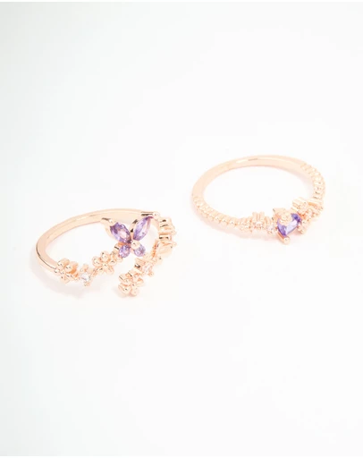 Lovisa - Rose Gold Cubic Zirconia Dainty Butterfly Rings 2-Pack