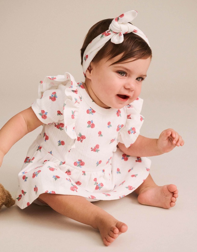 Huxbaby - Floral Pointelle Sleeveless Dress Romper and Headband - Babies