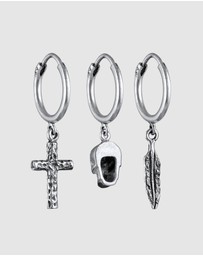 Kuzzoi - ICONIC EXCLUSIVE - Earrings Set Cross Skull Feather in 925 Sterling Silver