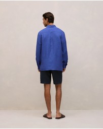 Trenery - Linen End On End Half Placket Shirt in Vivid Blue