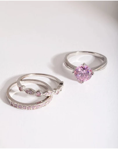 Lovisa - Pink Cubic Zirconia 3 Ring Stack Pack
