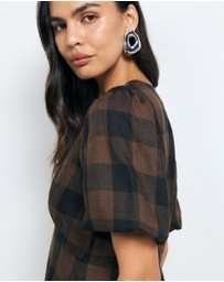 AERE - Inka Linen Gingham Puff Sleeve Midi Dress