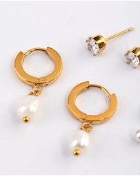 Lovisa - Waterproof Gold Plated Stainless Steel Cubic Zirconia Pearl Drop Huggie Earrings Pack
