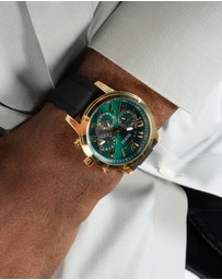 GUESS - Parker Gold 44mm Green Dial Black Silicone Strap