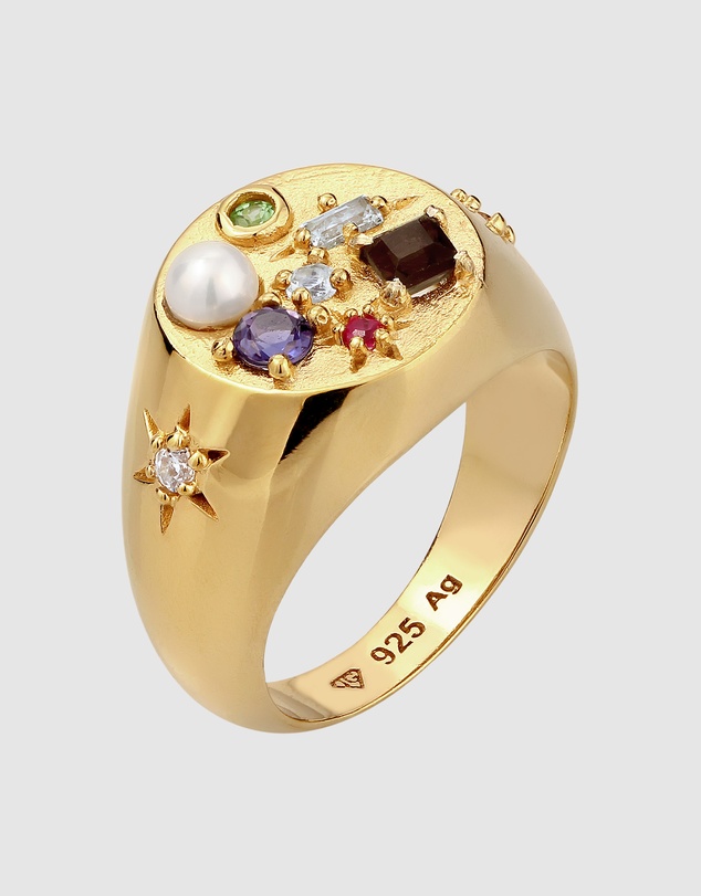 Elli Jewelry - Ring Women Signet Vintage Sapphire Moonstone Pearl 925 Sterling Silver Gold Plated