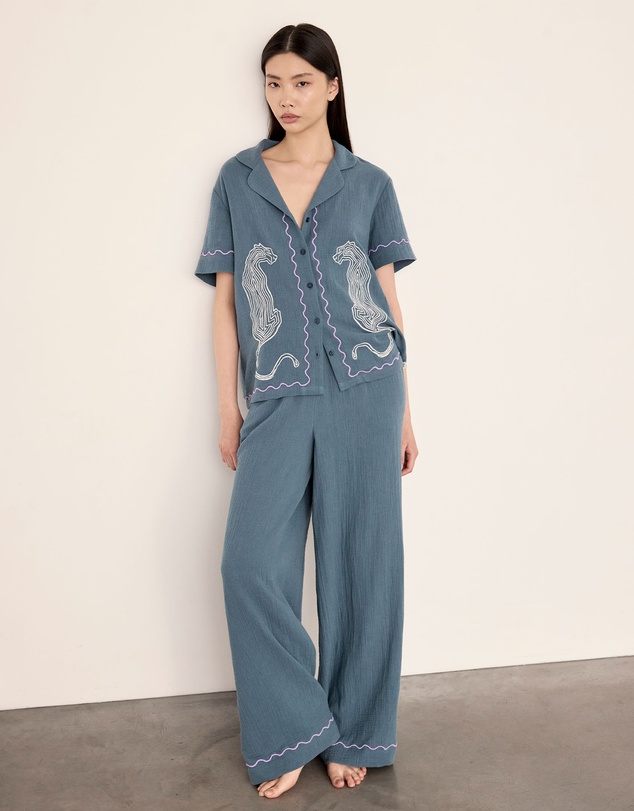 Chelsea Peers - Leopard Embroidery Short Sleeve Revere and Wide Leg Pyjama Set