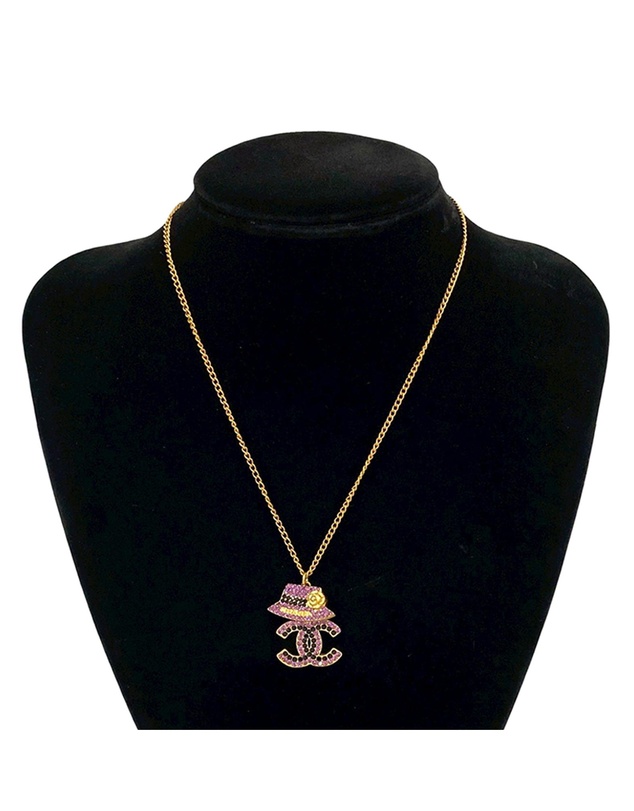 Pre-Loved by Azura Reborn - Pre-Loved Gold Plated Rhinestone CC and Camellia Hat Pendant Necklace