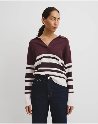 Country Road - Organically Grown Cotton Linen Blend Long Sleeve Stripe Knit