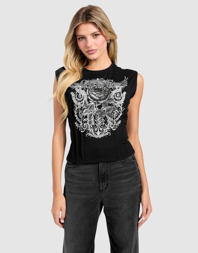 GUESS - Rocker Rose Smocked T-Shirt