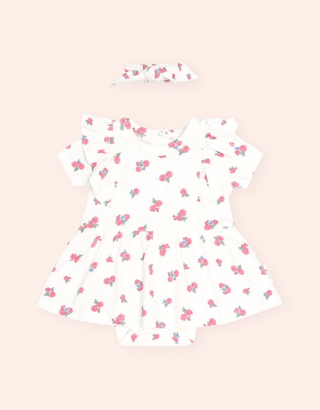 Huxbaby - Floral Pointelle Sleeveless Dress Romper and Headband - Babies