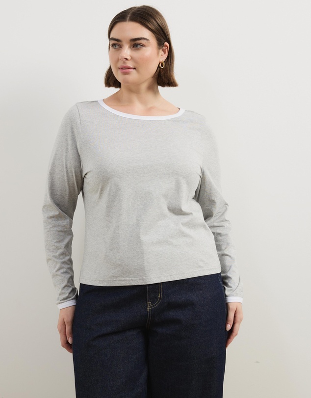 Atmos&Here Curvy - Contrast Long Sleeve Organic Cotton T-Shirt