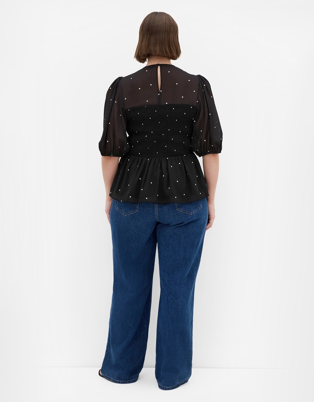 City Chic - Plus size Esther Spot Print Shirred Top - black