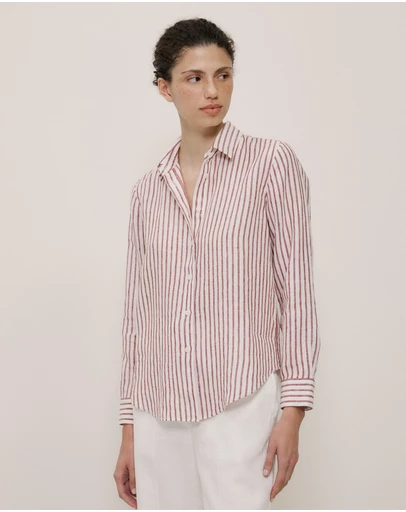 Trenery - Linen End On End Stripe Shirt in Russet