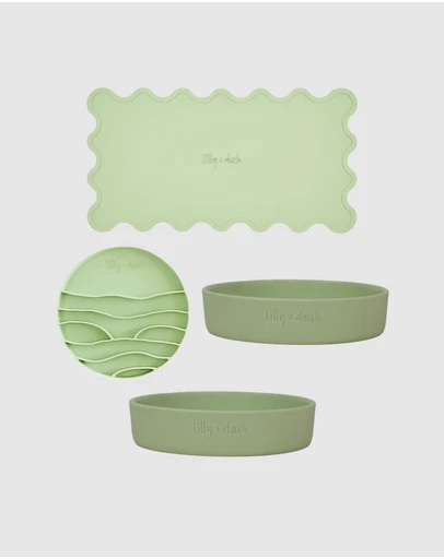 Lilly + Dash - Cat Eat and Drink Set – 2 Bowls + Lick Insert + Wave Placemat