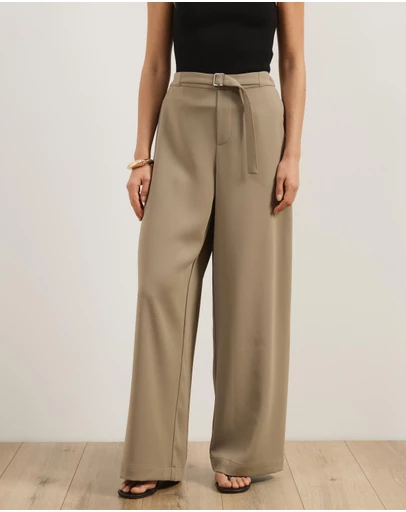 Atmos&Here - Nell Mid Rise Wide Leg Pants With Fabric Belt