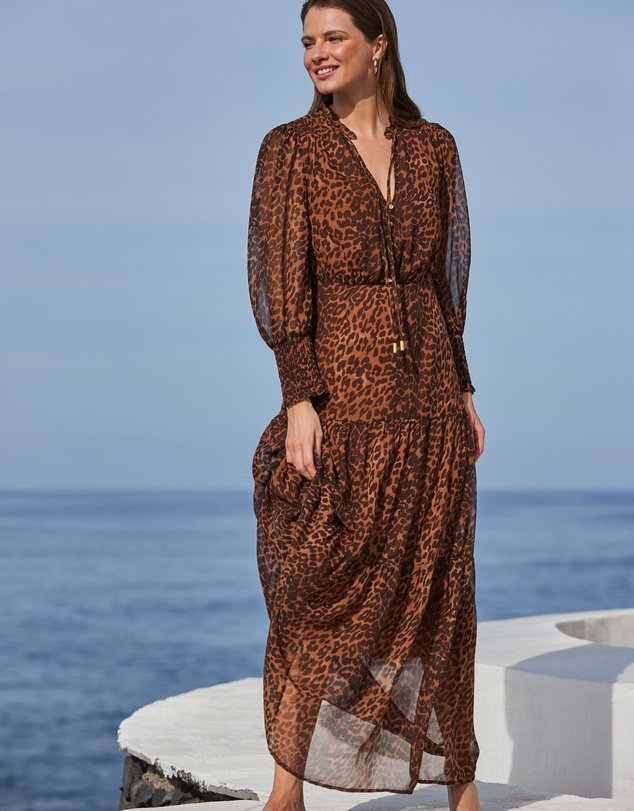 Sosandar - Leopard Print Button Front Tiered Maxi Dress