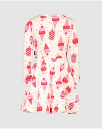 Rock Your Kid - Cherry Ice Cream Cherry Long Sleeve Waisted Dress