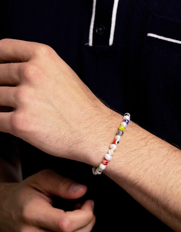 Nialaya Jewellery - Men's Pearl Wristband with Hand-Painted Glass Beads