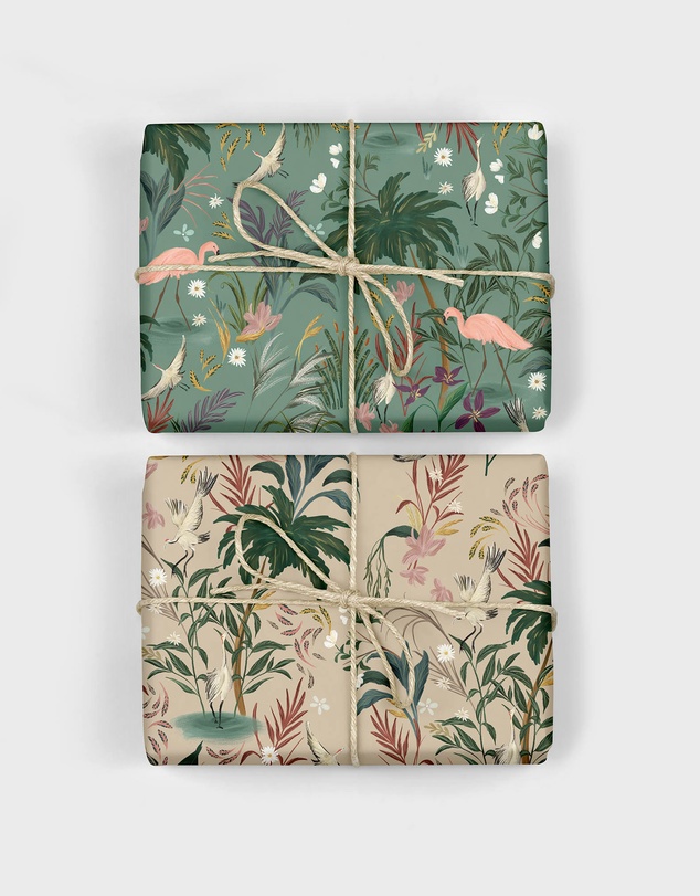 Bespoke Letterpress - Gift Wrap - Flamingos / Herons - Double Sided 6pk