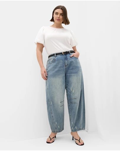 City Chic - Plus size Leona Puff Sleeve Cotton Top - ivory
