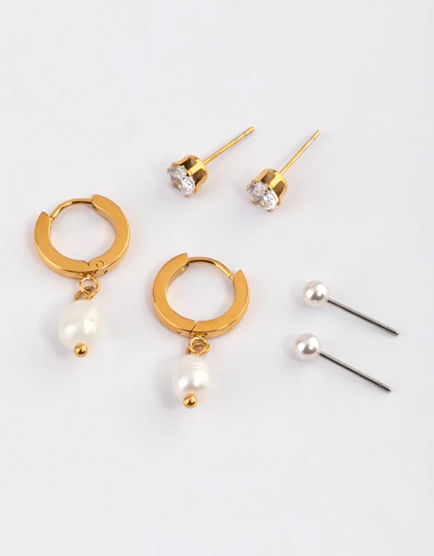 Lovisa - Waterproof Gold Plated Stainless Steel Cubic Zirconia Pearl Drop Huggie Earrings Pack
