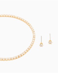 Lovisa - Gold Plated Small Cubic Zirconia Baguette Tennis Bracelet & Earrings Set