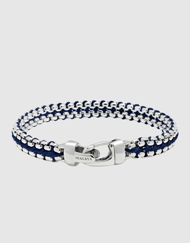 Nialaya Jewellery - Men's Navy Woven 8mm Box Chain Bracelet in Silver