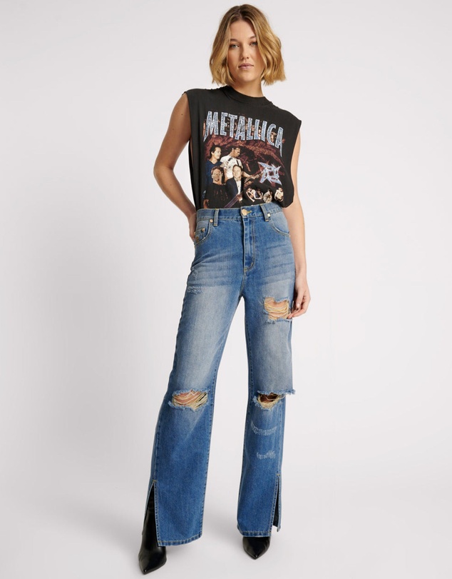 ONE TEASPOON - Shredded Gold Billie Low Slung Straight Leg Mid Waist Denim Jeans