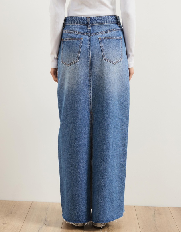 Atmos&Here - Straight Denim Maxi Skirt With Seam Detail