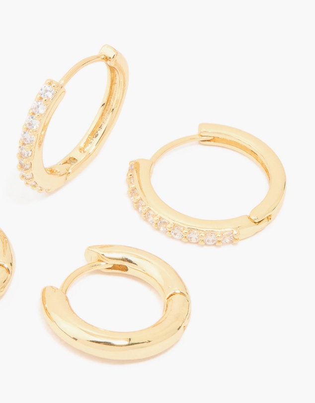 Lovisa - Gold Plated Brass Cubic Zirconia Thin Medium Huggie Earrings Pack