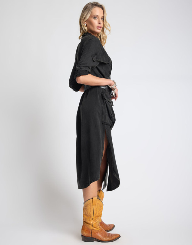 ONE TEASPOON - Crushed Midi Shirt Dress - Black