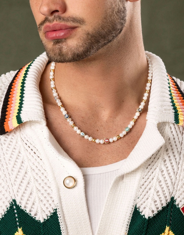 Nialaya Jewellery - Men's Evil Eye Pearl Choker