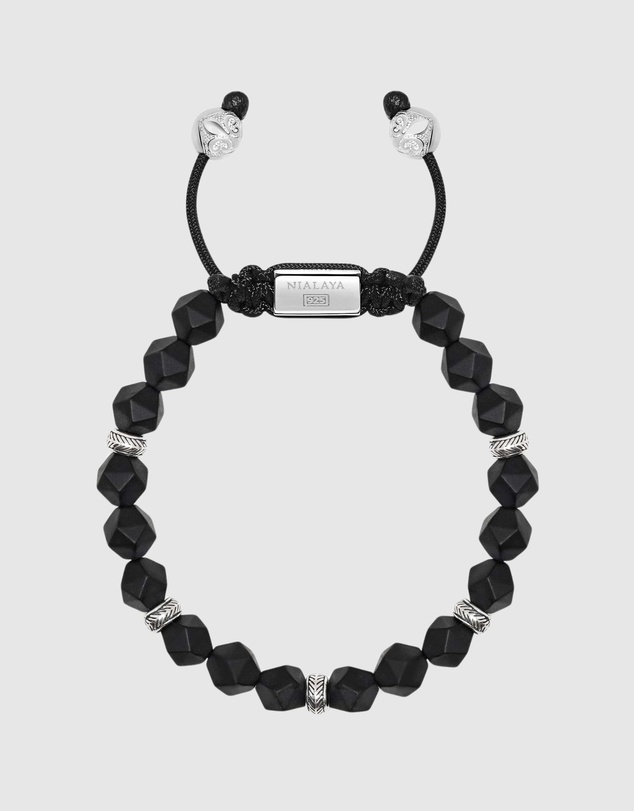 Nialaya Jewellery - Men's Sterling Silver Faceted Beaded Bracelet with Matte Black Onyx