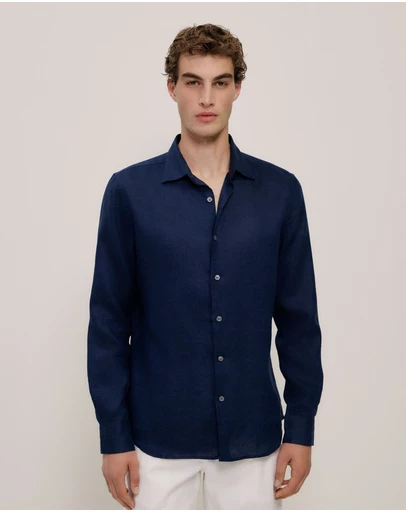Trenery - Tailored Fit Linen Long Sleeve Shirt in Navy