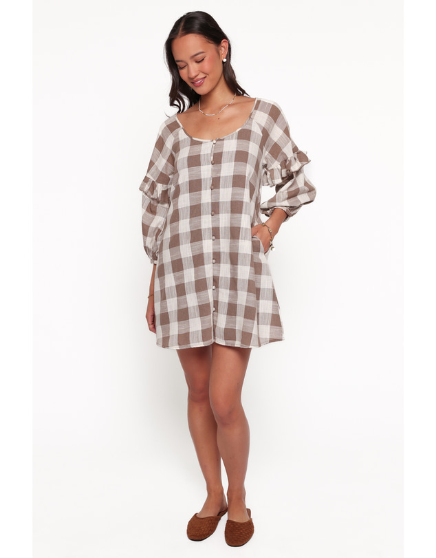 Petal & Pup - Shiloh Long Sleeve Mini Dress - Brown Gingham