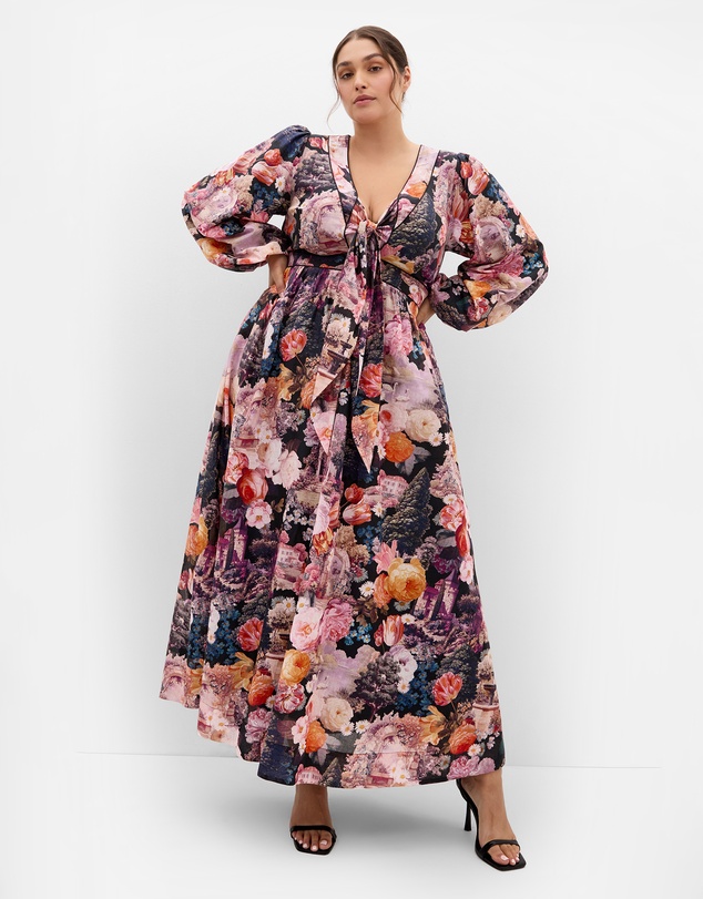 City Chic - Plus size Sheer Bloom Print Tie Front Maxi Dress - rose