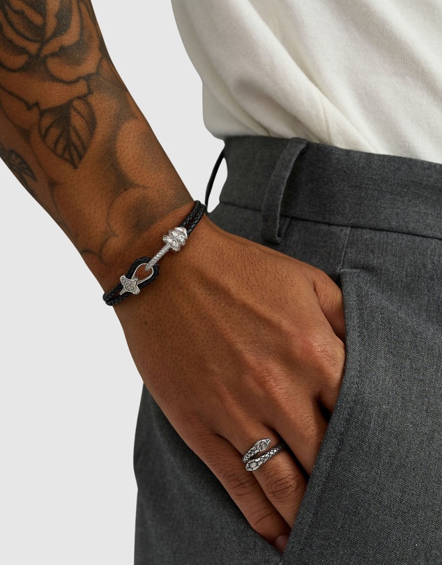 Nialaya Jewellery - Black Leather Bracelet with Silver Rope Clasp
