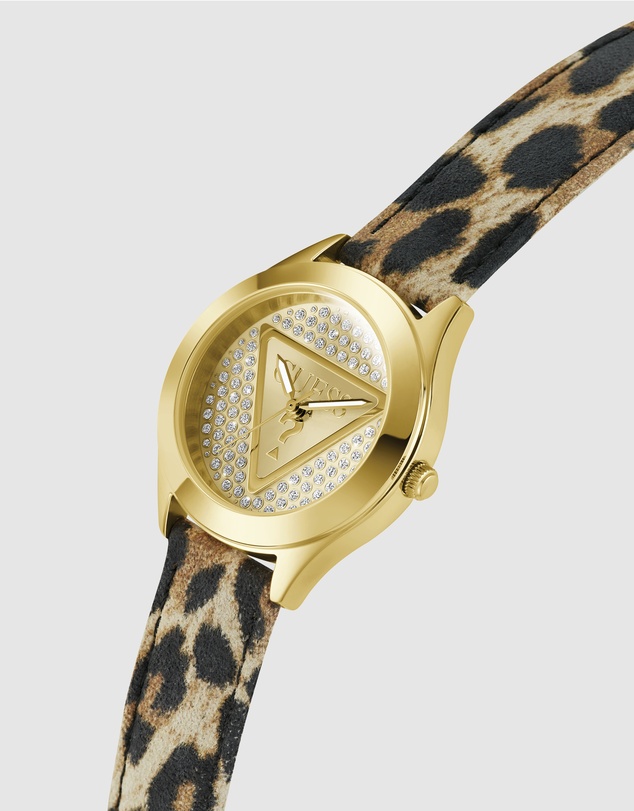 GUESS - Gold-Tone 34mm Champagne Dial with Crystals and Animal Print Leather Strap