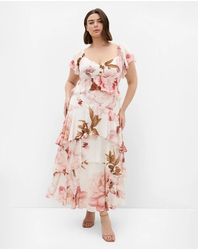 City Chic - Plus size Sienna Petal Print Tier Maxi Dress - cream