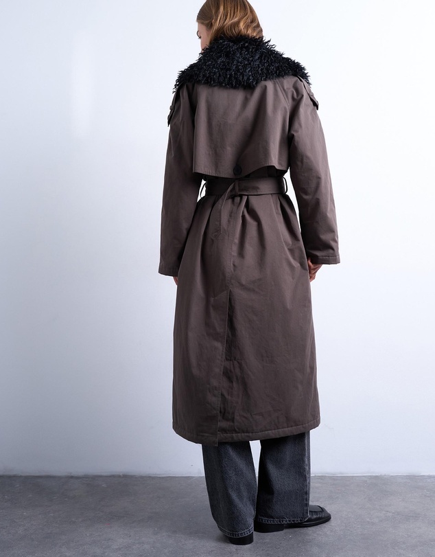 TOPSHOP - Faux Fur Collar Belted Trench Coat