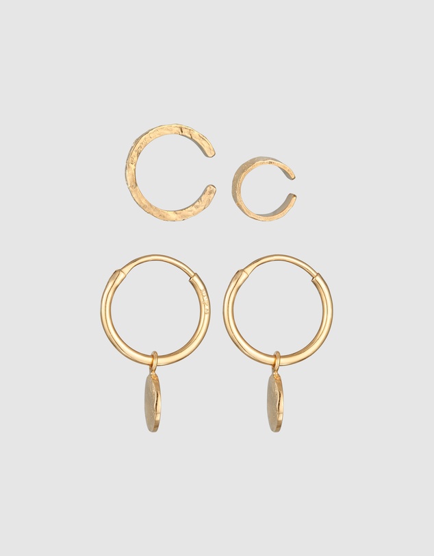 Elli Jewelry - Hammered Disc Earring and Ear Cuff Set in Gold-Plated 925 Silver