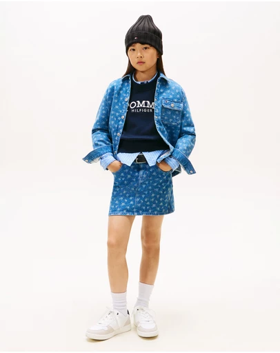 Tommy Hilfiger - Floral Print Flag Embroidery Denim Skirt - Kids